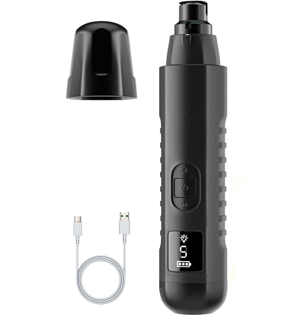 Lima de uñas eléctrica para perro Kelo en negro, con tapa protectora y cable USB-C